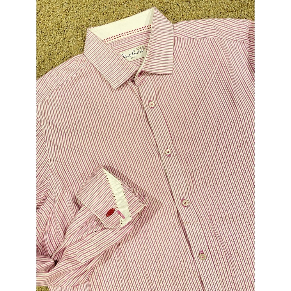 Robert Graham Button Up Shirt Mens 15.5 / 39 Dark Pink Striped Long Sleeve